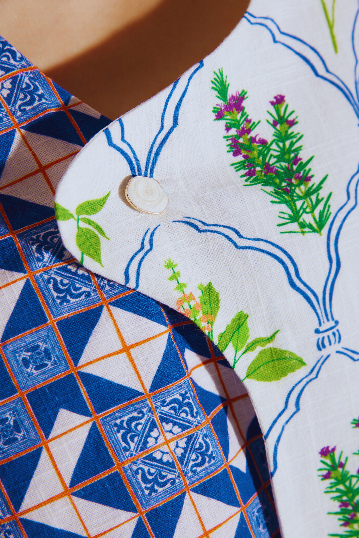 Blue & White Printed Hemp Top