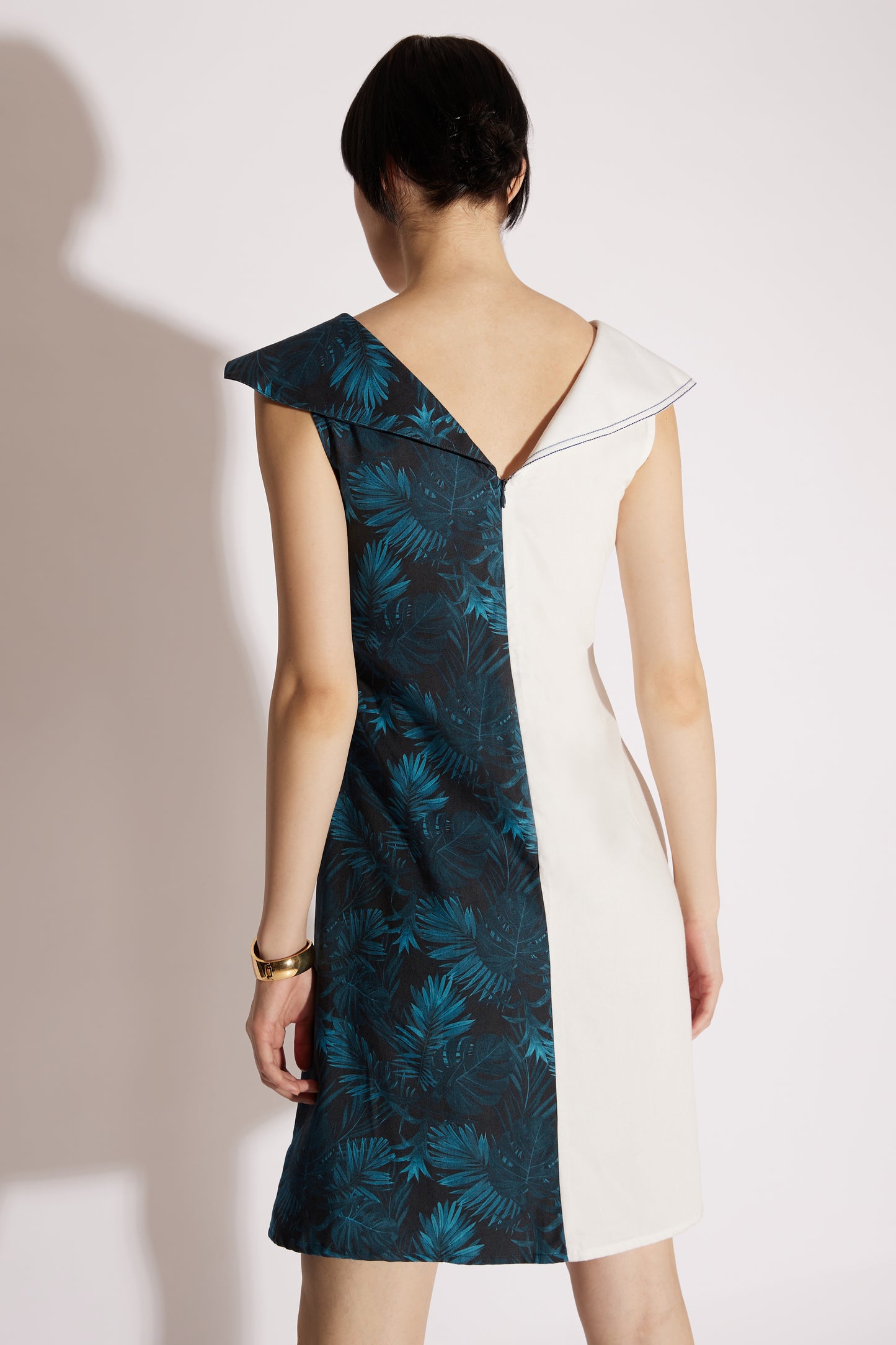 Blue & White Dramatic Collar Dress