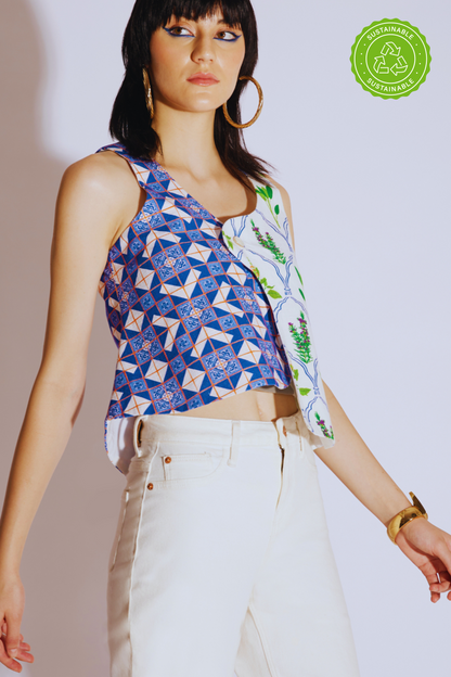 Blue & White Printed Hemp Top