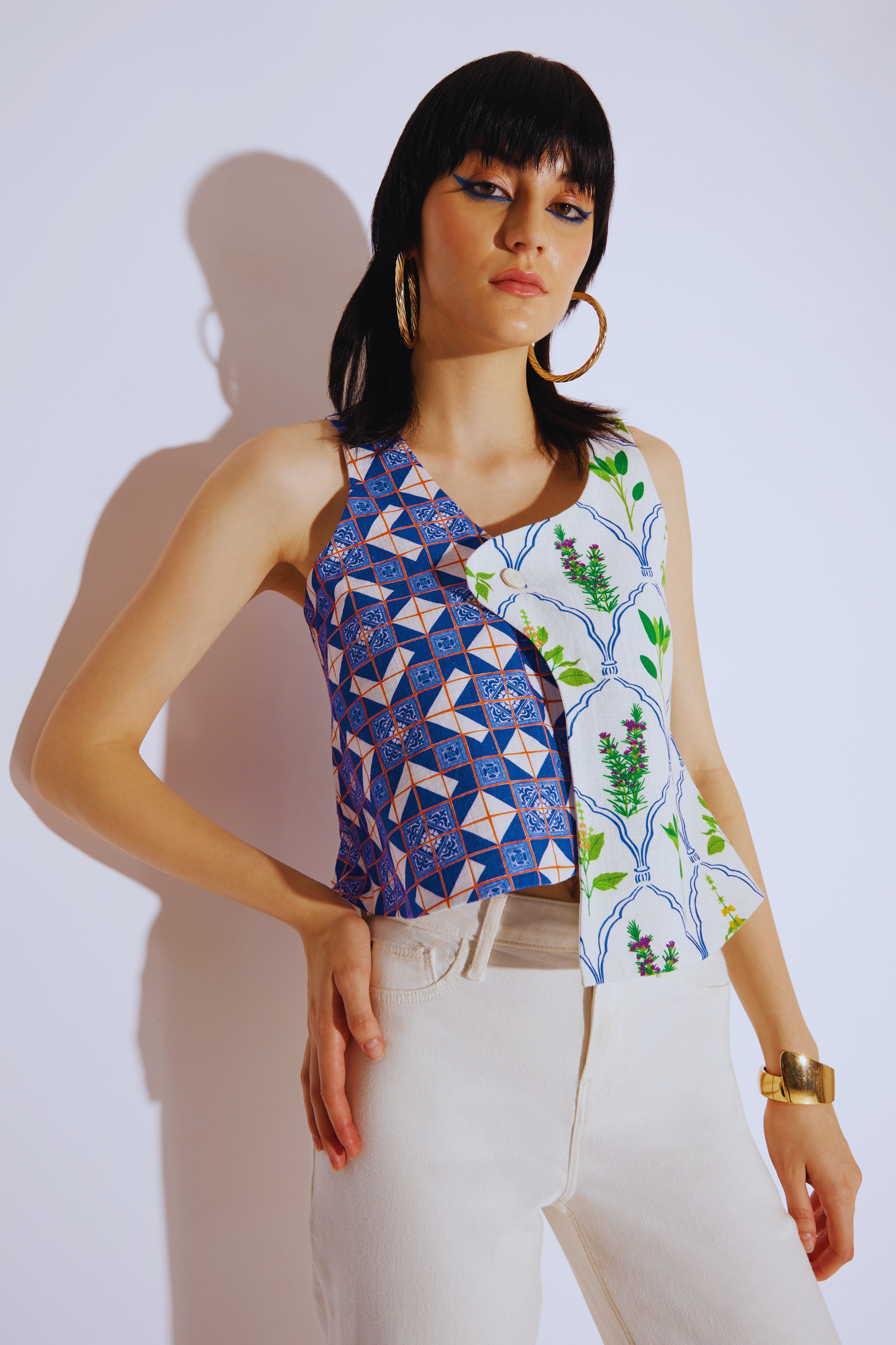 Blue & White Printed Hemp Top