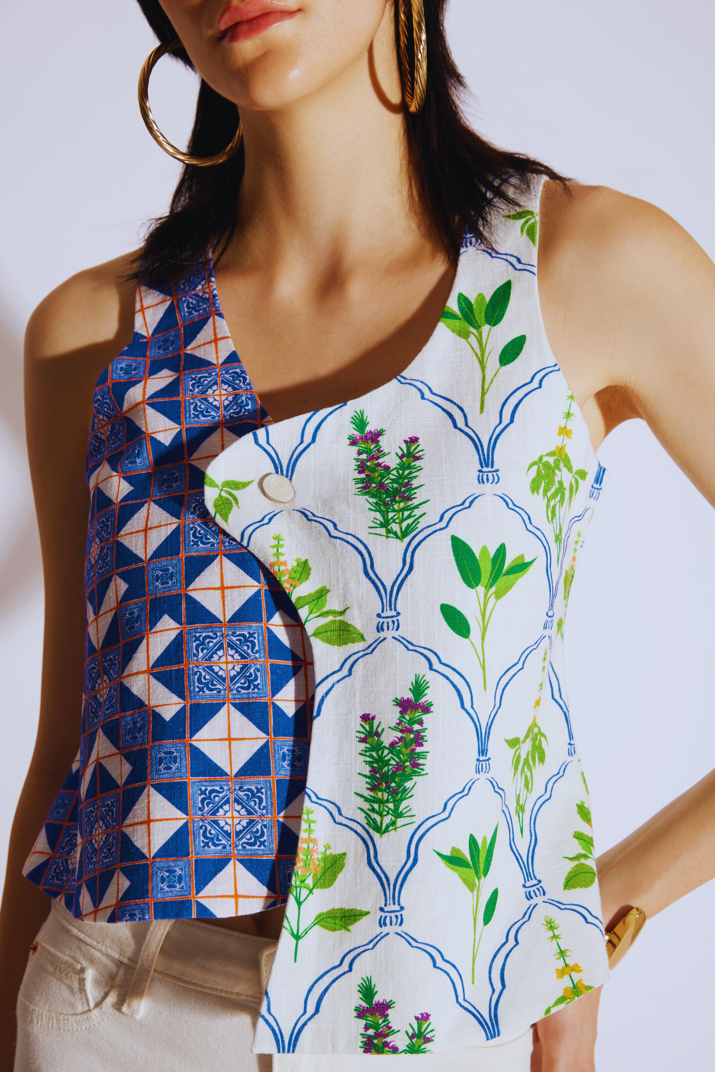 Blue & White Printed Hemp Top