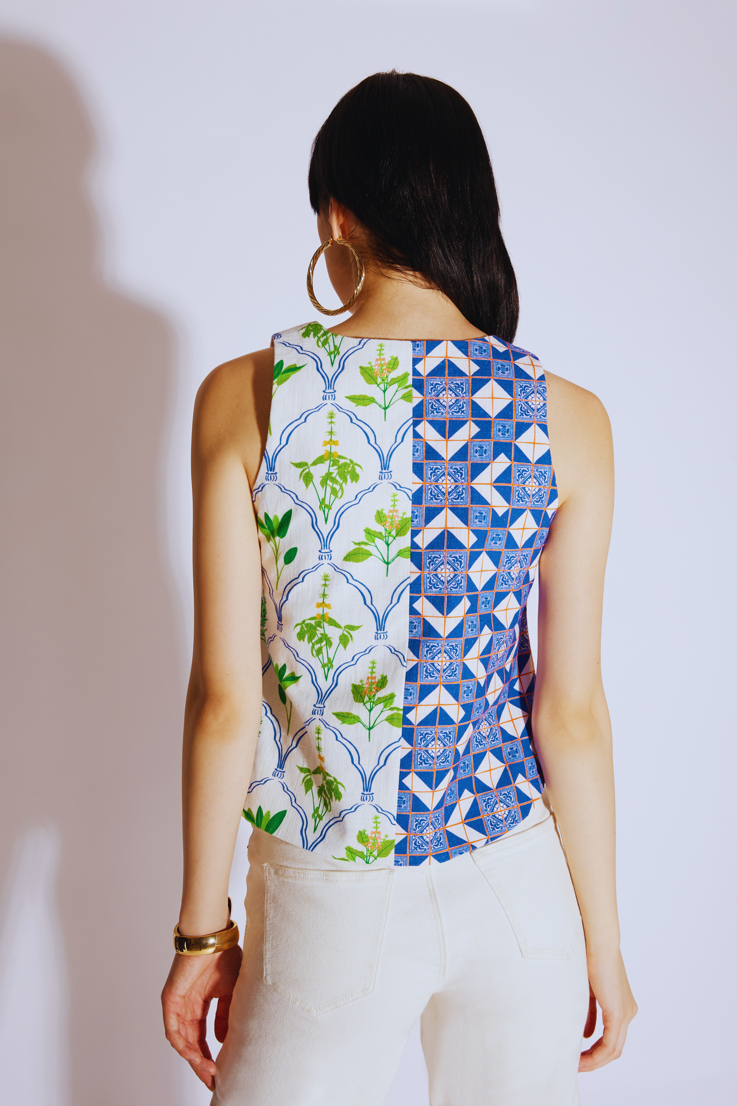 Blue & White Printed Hemp Top
