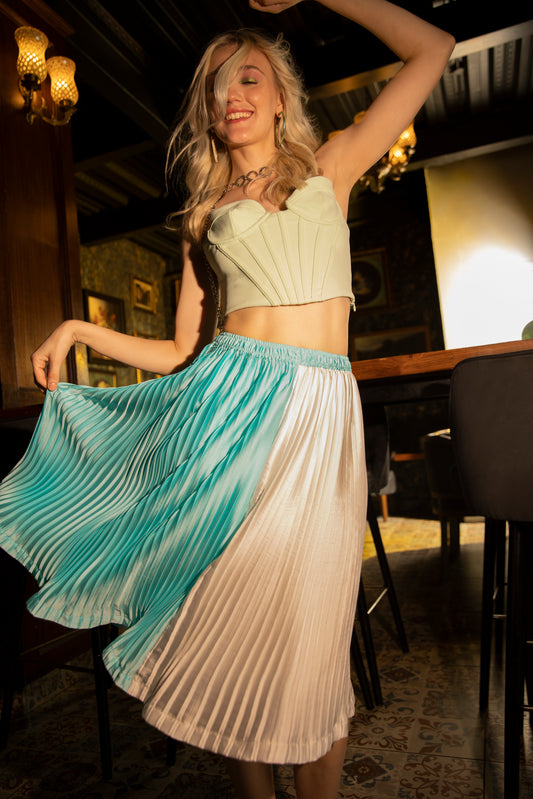 Blue & White Pleated Midi Skirt
