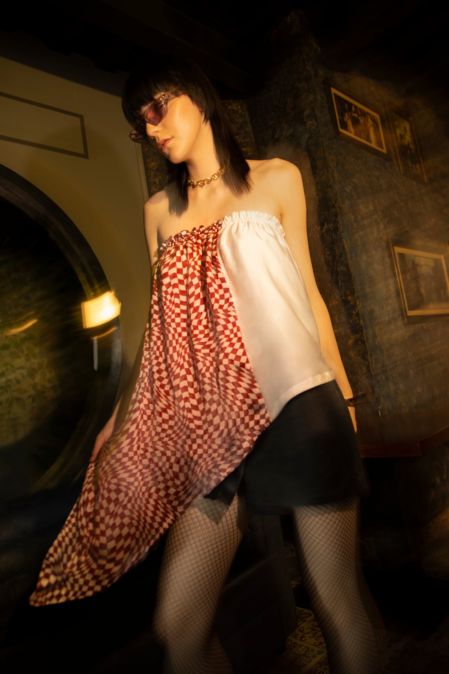 Asymmetrical Off-Shoulder Checkered Top