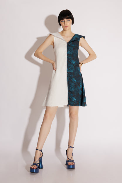 Blue & White Dramatic Collar Dress