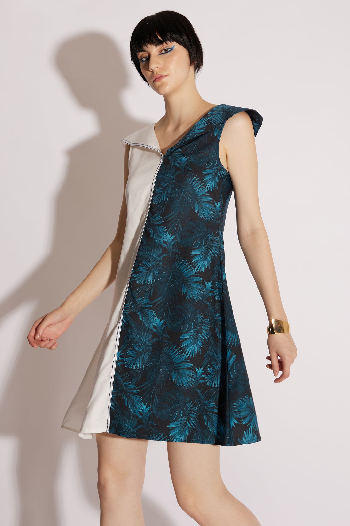 Blue & White Dramatic Collar Dress