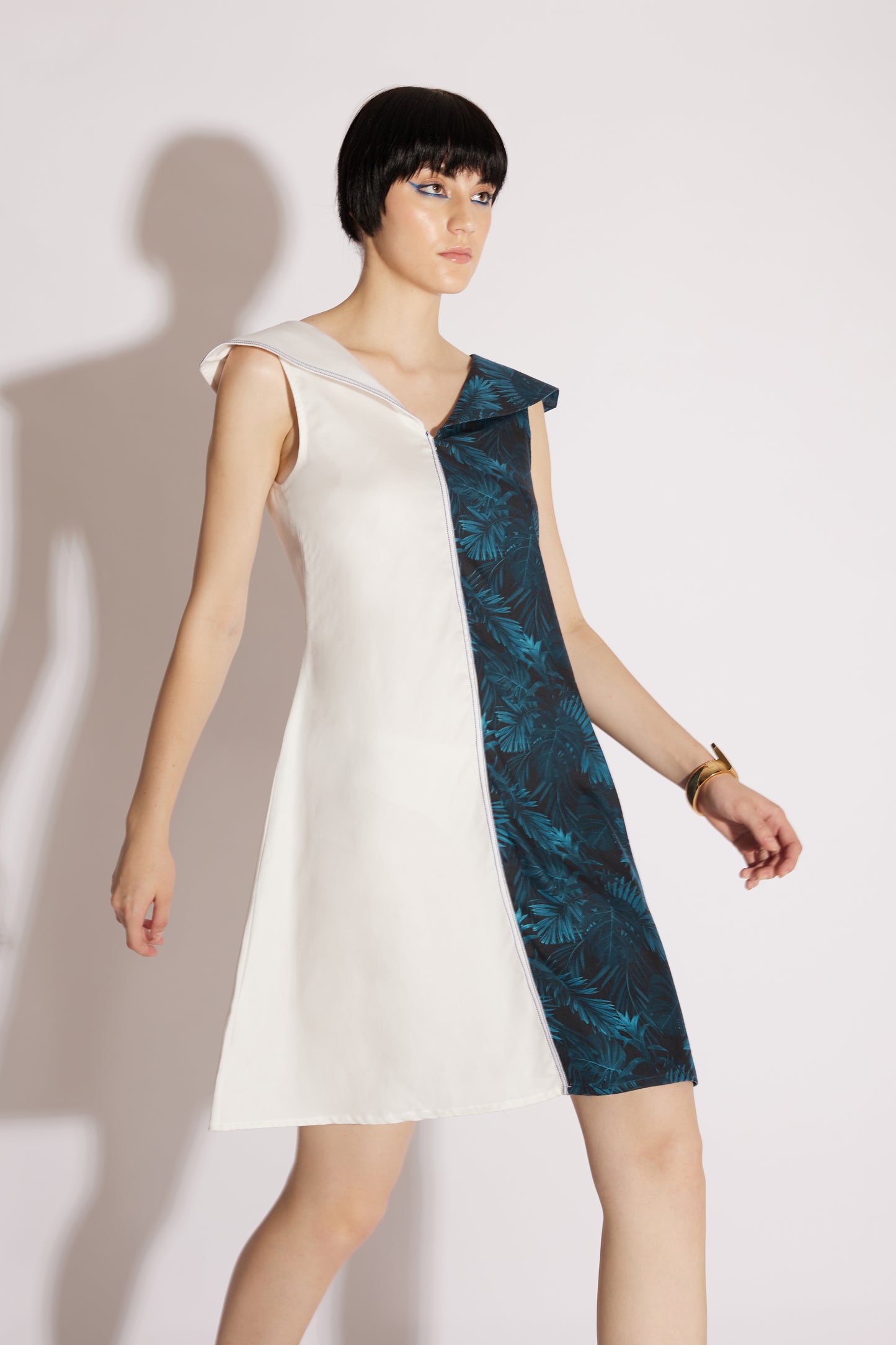Blue & White Dramatic Collar Dress