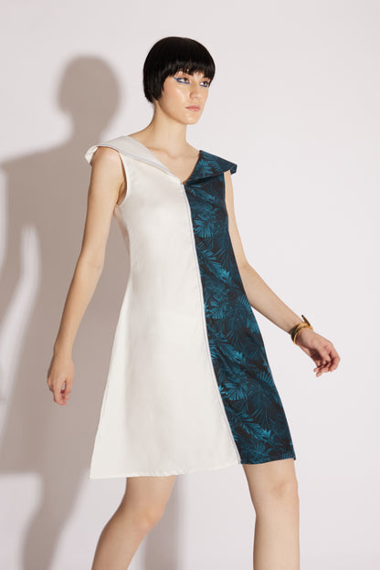 Blue & White Dramatic Collar Dress