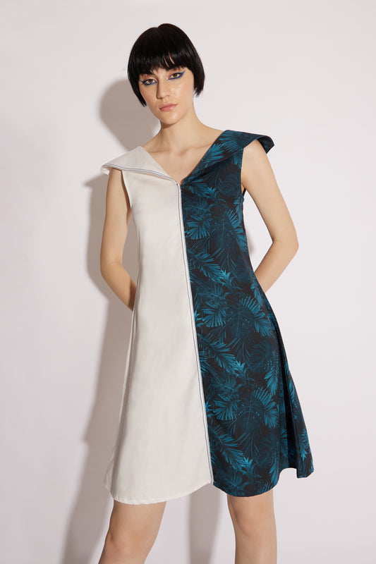 Blue & White Dramatic Collar Dress