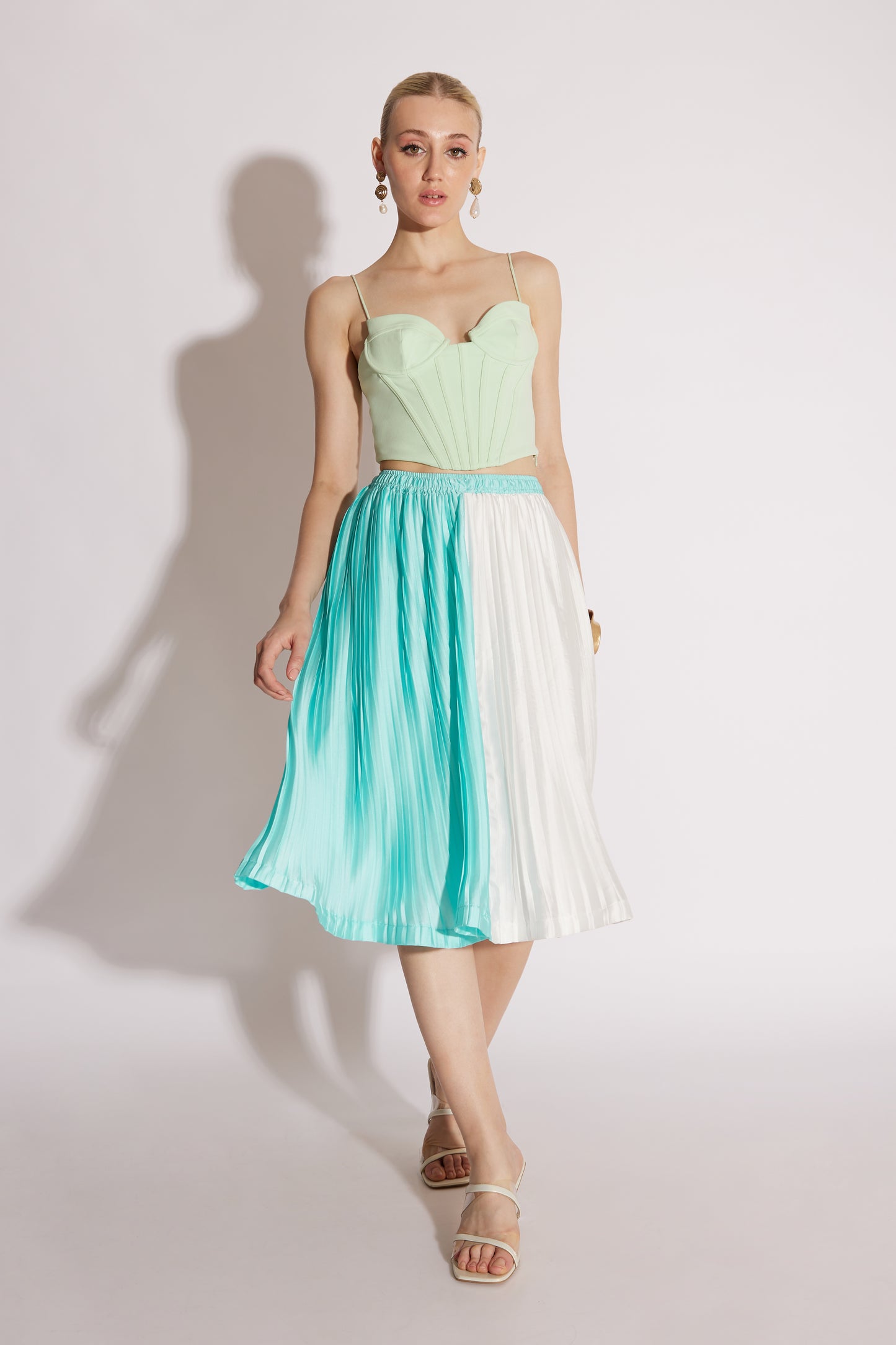 Blue & White Pleated Midi Skirt