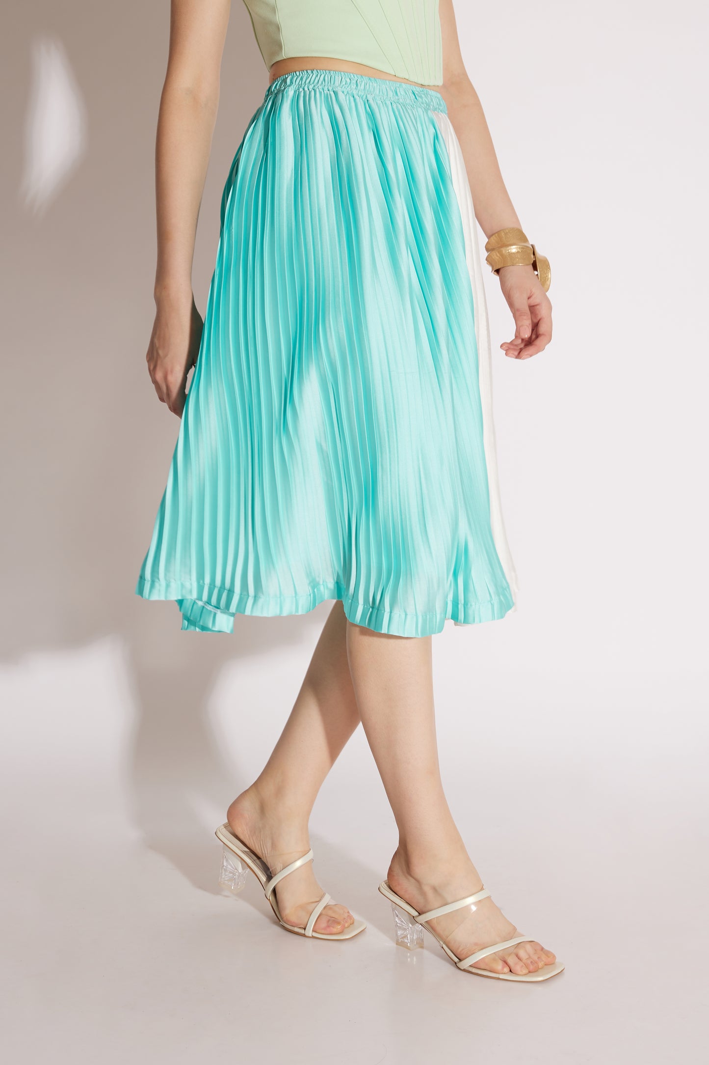 Blue & White Pleated Midi Skirt