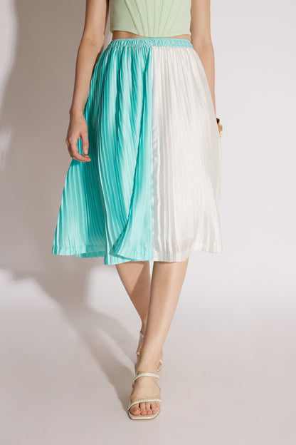 Blue & White Pleated Midi Skirt