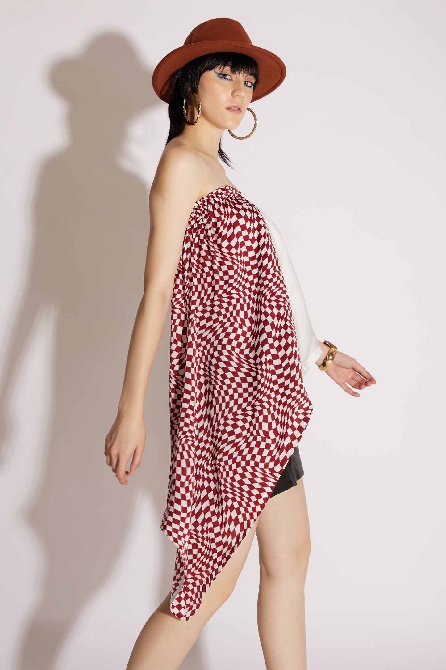 Asymmetrical Off-Shoulder Checkered Top