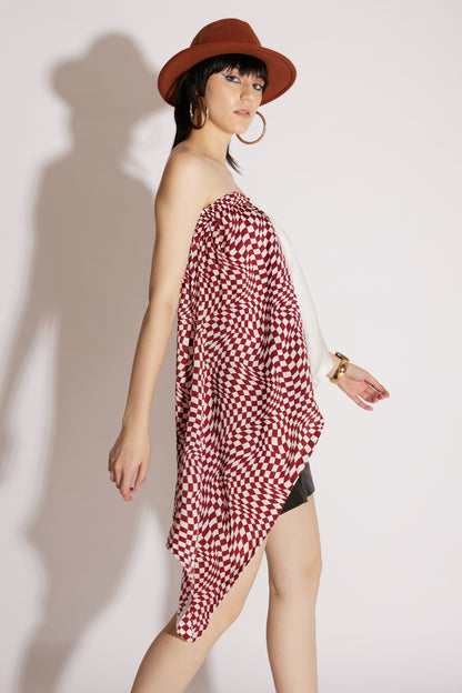 Asymmetrical Off-Shoulder Checkered Top