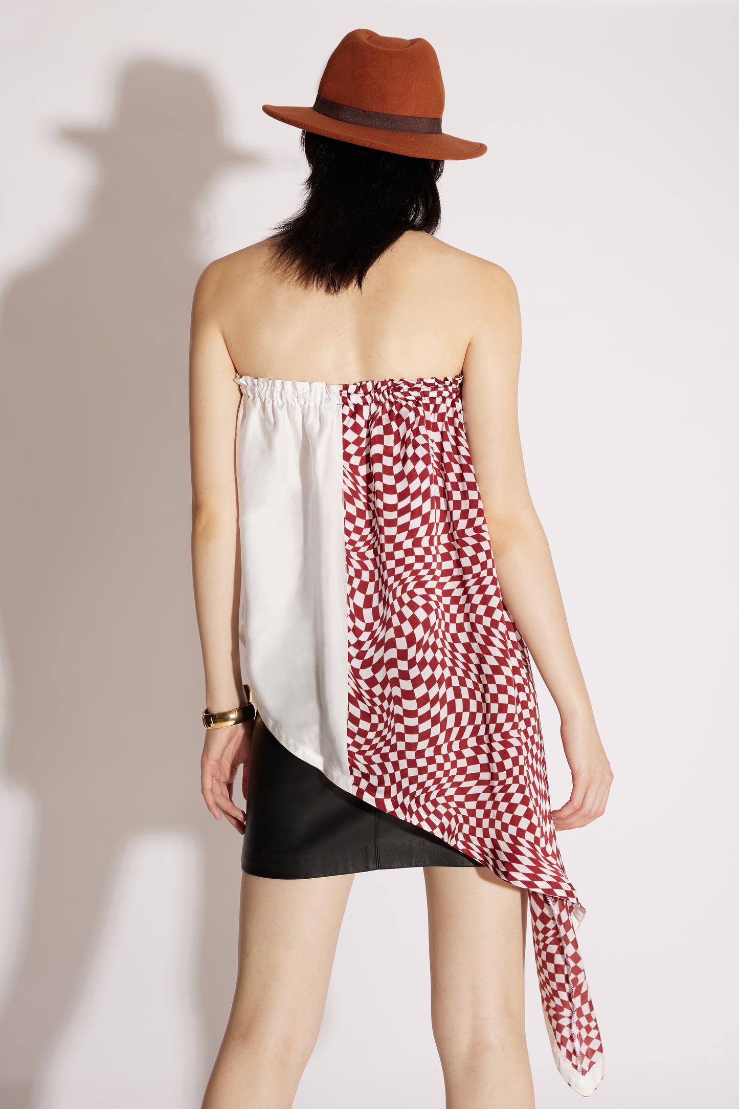 Asymmetrical Off-Shoulder Checkered Top