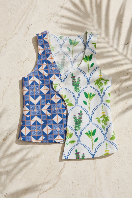 Blue & White Printed Hemp Top
